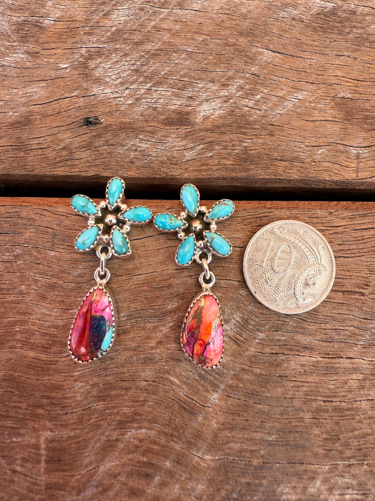 Pattern Earrings - Pink Dahlia & Turquoise Stones