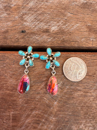 Pattern Earrings - Pink Dahlia & Turquoise Stones