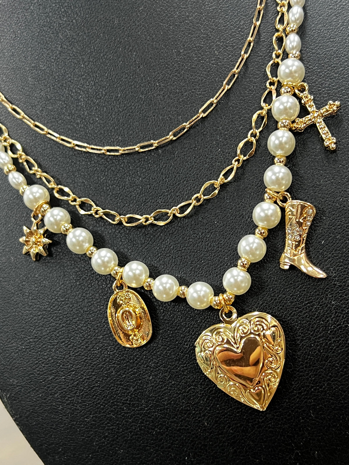 Necklace - Layered Heart Locket Multi Charm Pearl