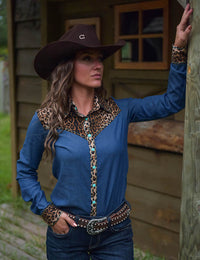 Cowgirl Tuff Pullover Arena Shirt - Denim With Leopard & Turquoise