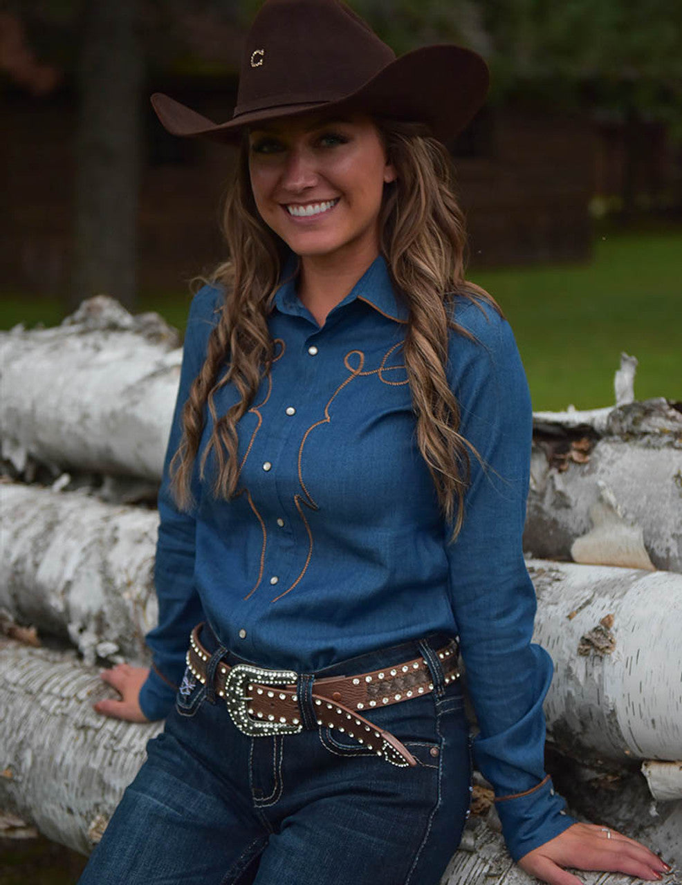 Cowgirl Tuff Pullover Arena Shirt - Denim With Brown Suede