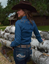 Cowgirl Tuff Pullover Arena Shirt - Denim With Brown Suede