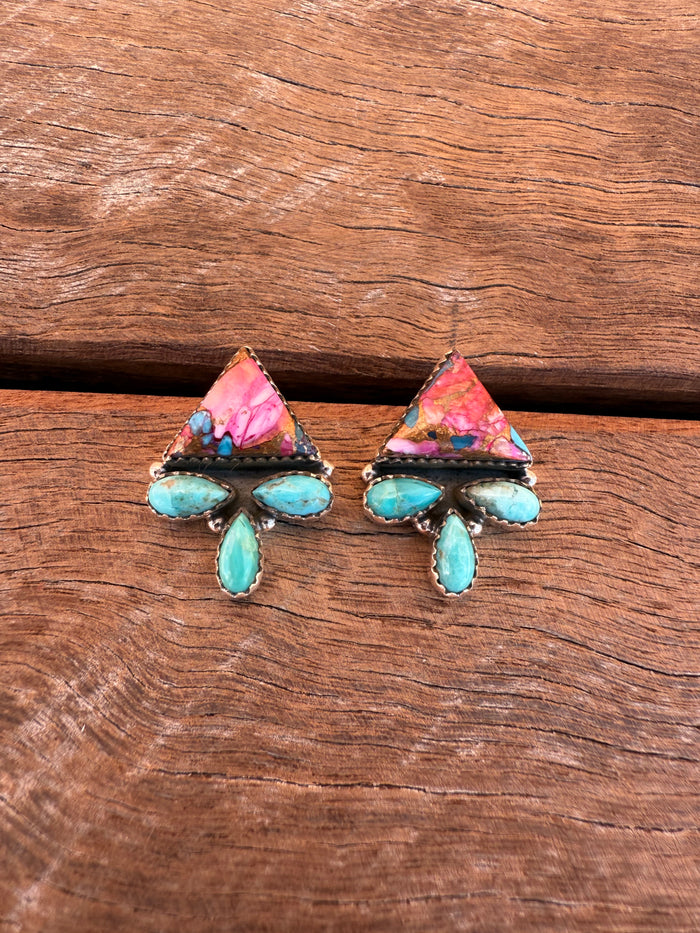 Tulip Earrings - Pink Dahlia & Turquoise Stones