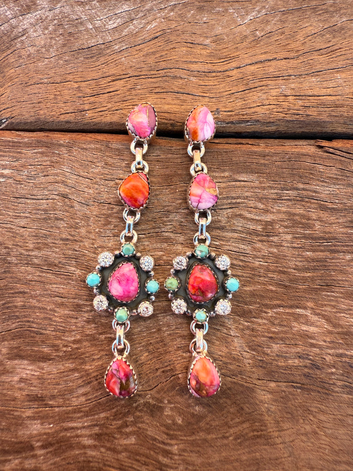 Flower Power Earrings - Pink Dahlia & Turquoise Stones