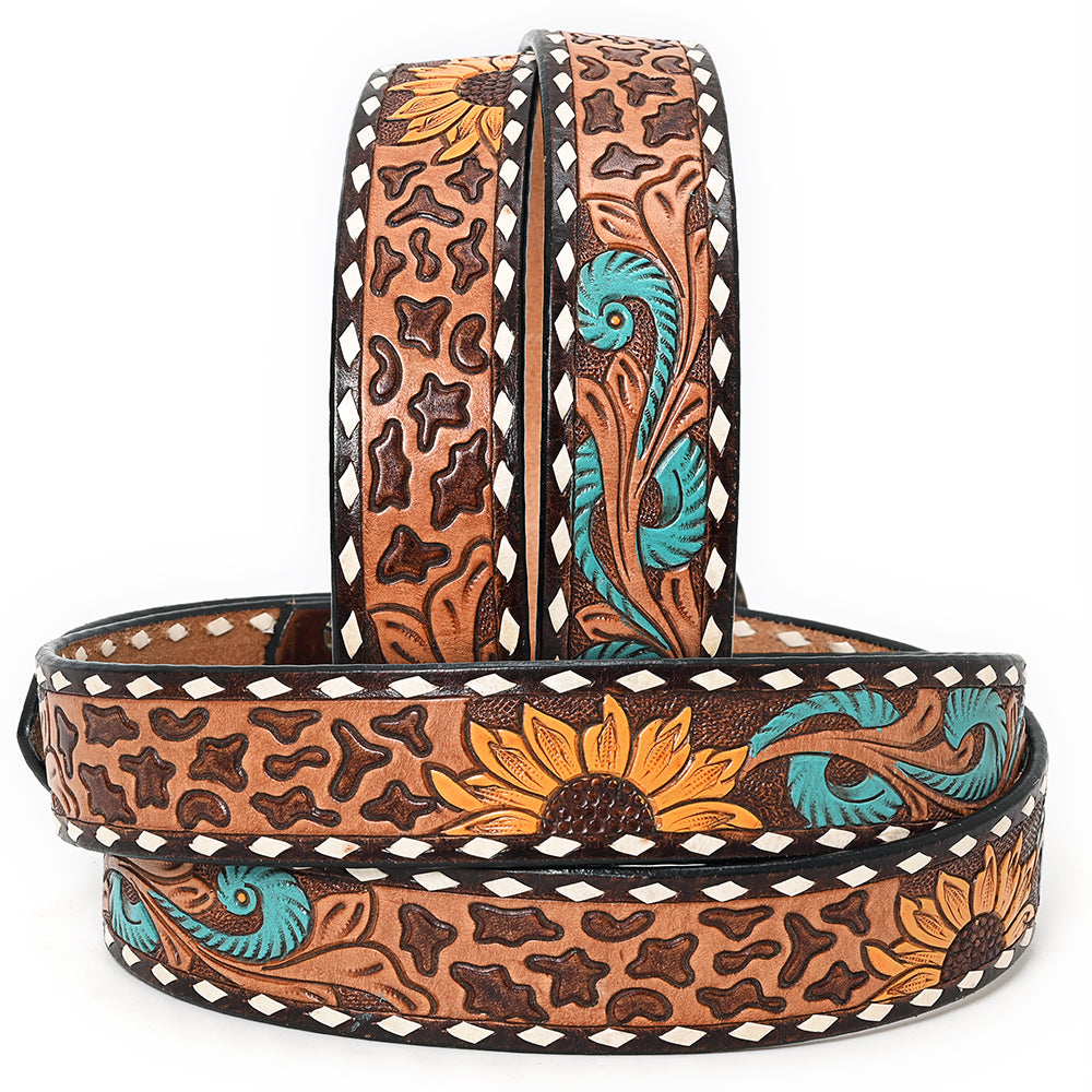 Western Belt - Leopard Print, Sunflowers & Turquoise Feathers