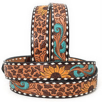 Western Belt - Leopard Print, Sunflowers & Turquoise Feathers
