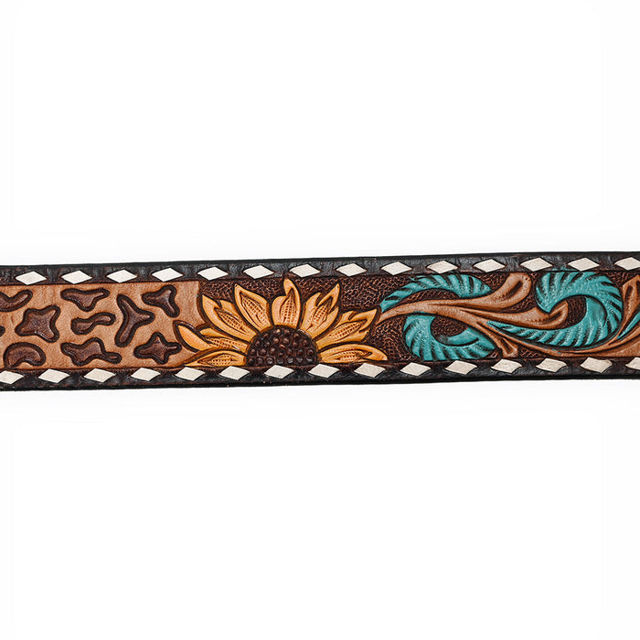 Western Belt - Leopard Print, Sunflowers & Turquoise Feathers