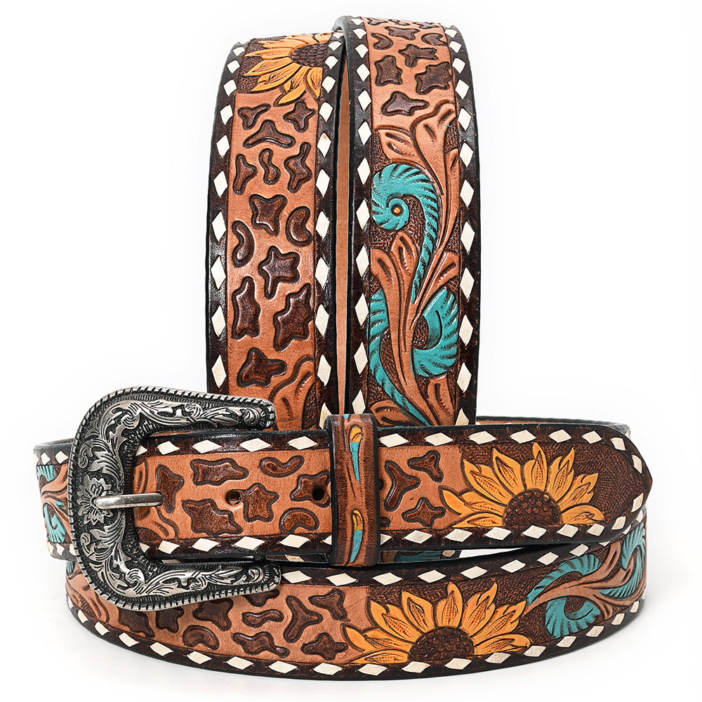 Western Belt - Leopard Print, Sunflowers & Turquoise Feathers