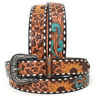 Western Belt - Leopard Print, Sunflowers & Turquoise Feathers