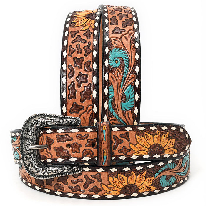 Western Belt - Leopard Print, Sunflowers & Turquoise Feathers