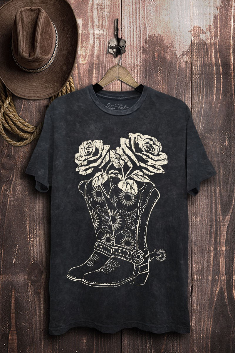 Boots & Roses Graphic Tee - Vintage Black Mineral Wash