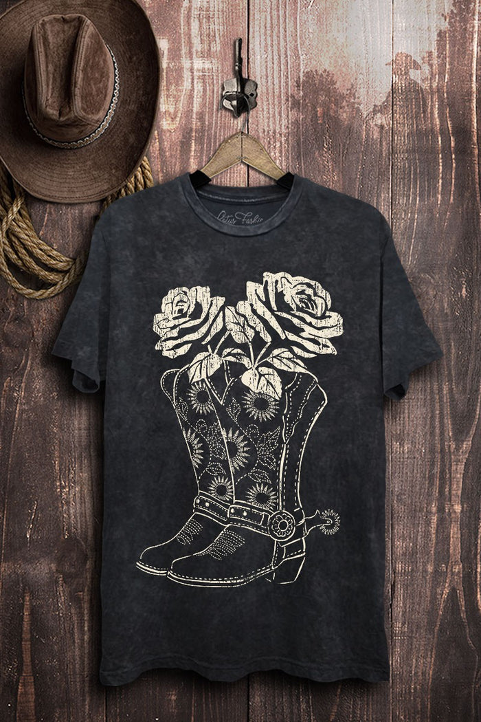 Boots & Roses Graphic Tee - Vintage Black Mineral Wash