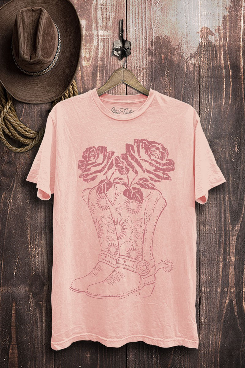 Boots & Roses Graphic Tee - Pink