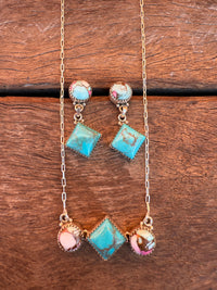 Braveheart Necklace & Earring Set - Pink Dahlia & Turquoise Stones