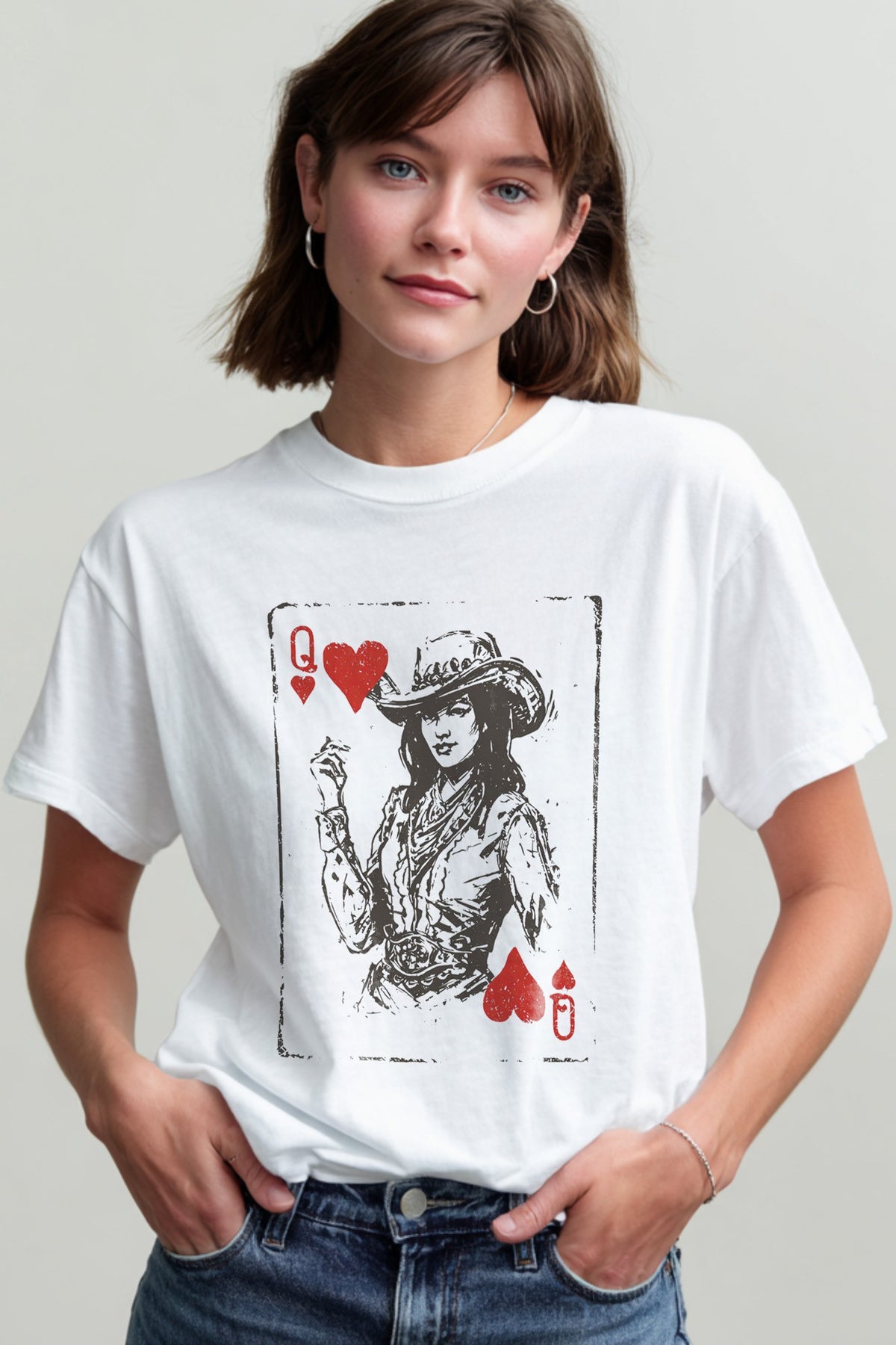 Western Cowgirl Queen Of Hearts Tee - White