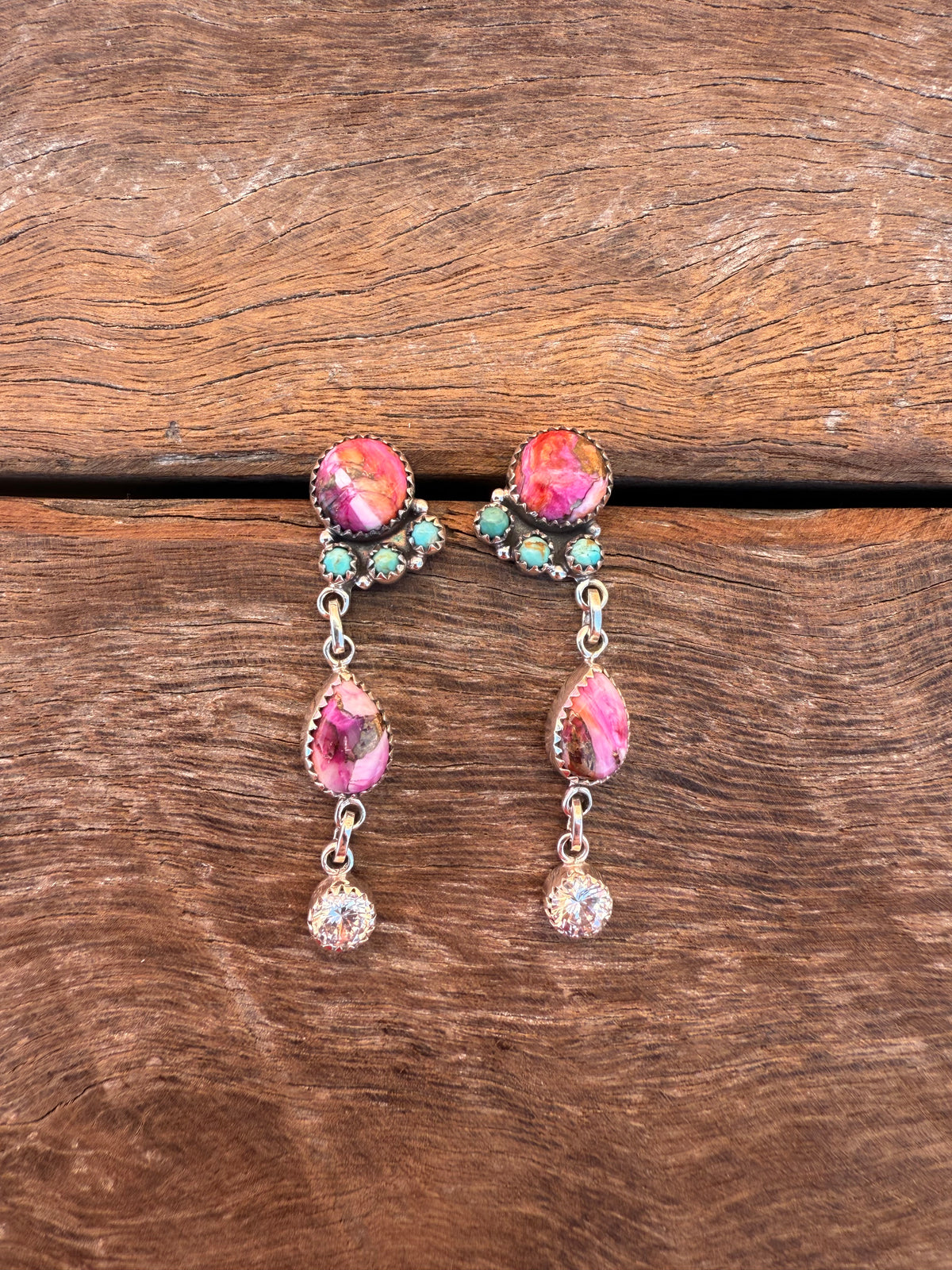 Icon Earrings - Pink Dahlia & Turquoise Stones