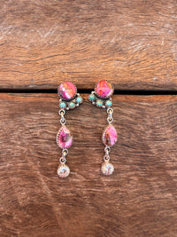 Icon Earrings - Pink Dahlia & Turquoise Stones