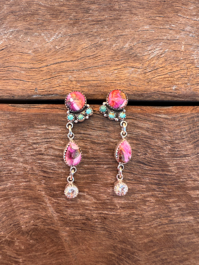 Icon Earrings - Pink Dahlia & Turquoise Stones