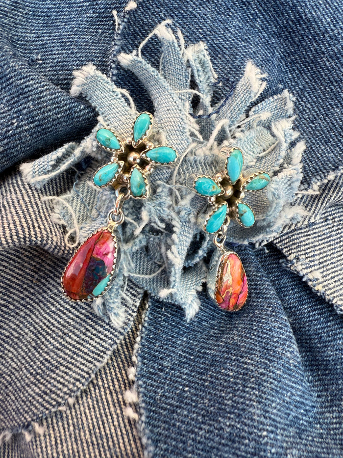 Pattern Earrings - Pink Dahlia & Turquoise Stones