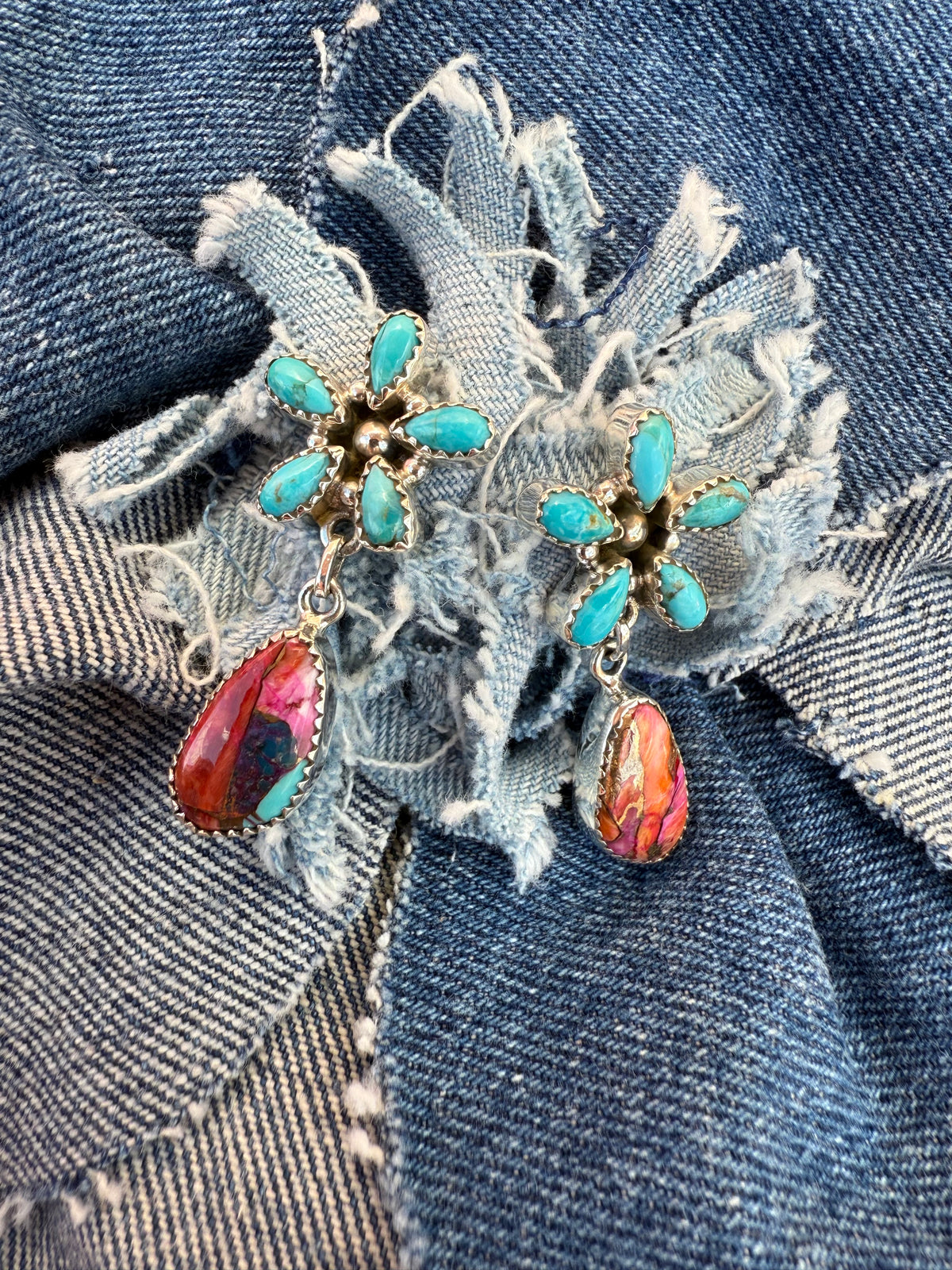 Pattern Earrings - Pink Dahlia & Turquoise Stones