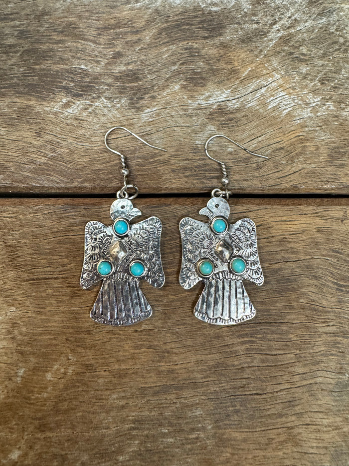 Western Earrings - Silver Eagle With Turquoise Stud