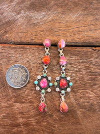 Flower Power Earrings - Pink Dahlia & Turquoise Stones