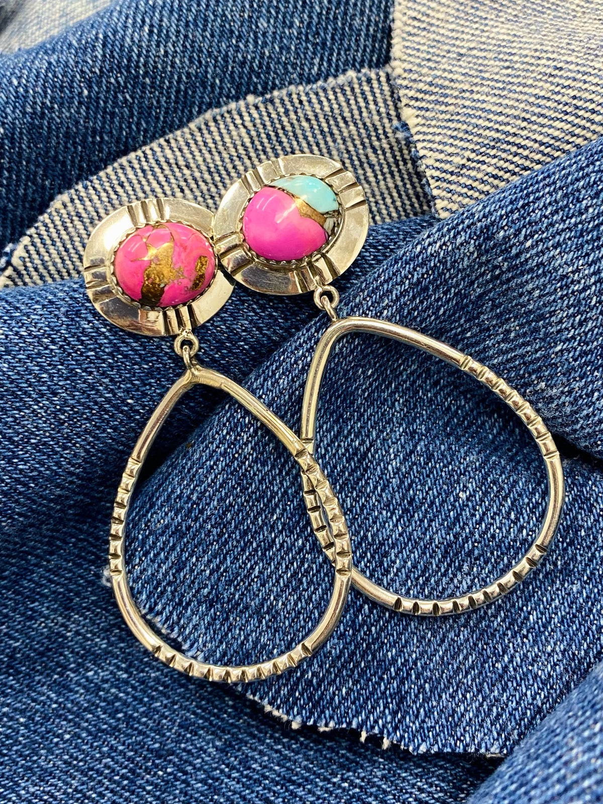Top Tier Earrings - Pink Dahlia & Turquoise Stones