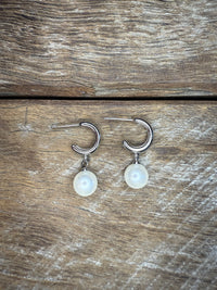 Earrings - Silver Pearl Dangle Hoop