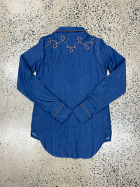 Cowgirl Tuff Pullover Arena Shirt - Denim With Brown Suede
