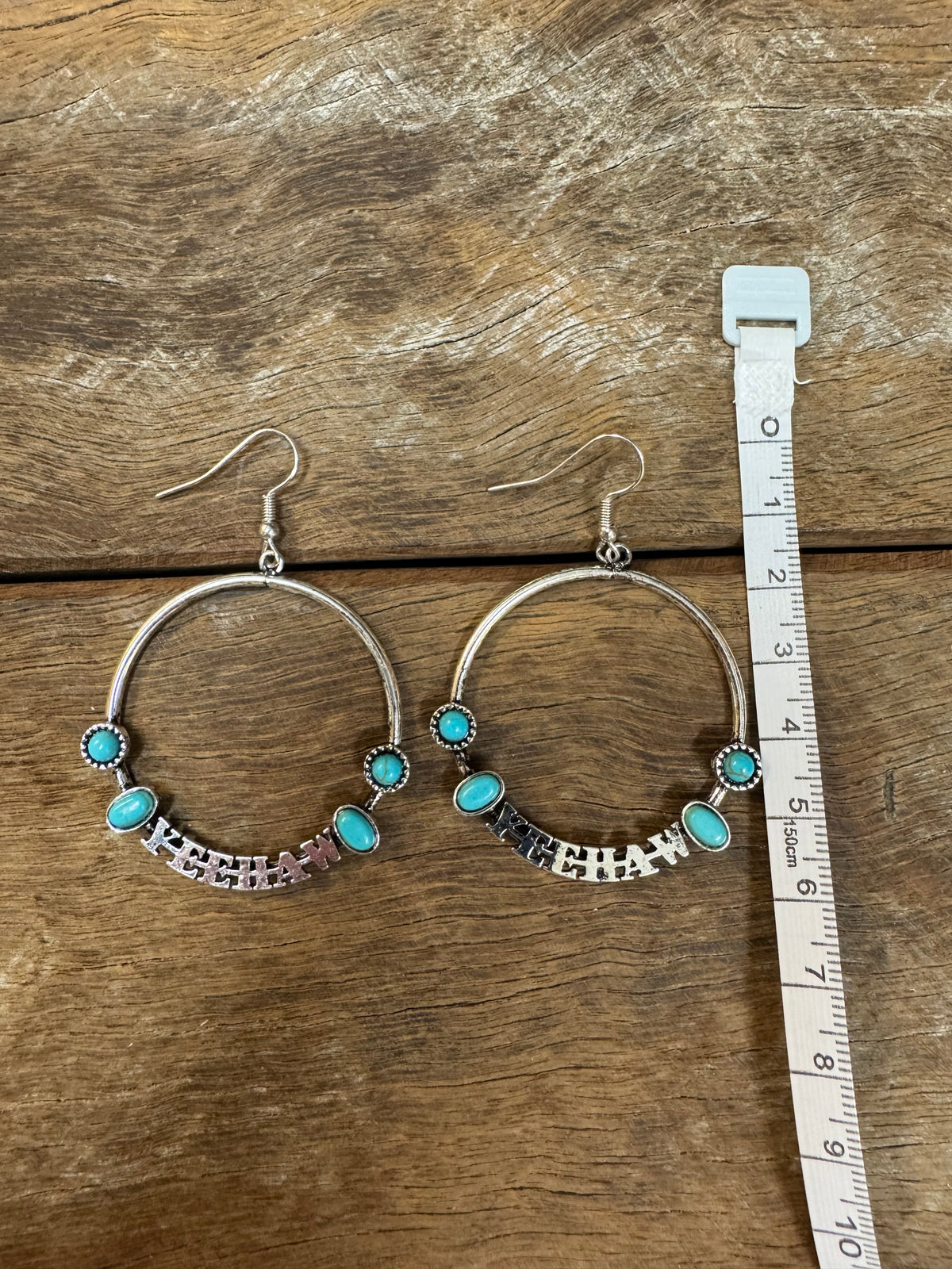 Western Earrings - Silver/Turquoise Yeehaw Hoops