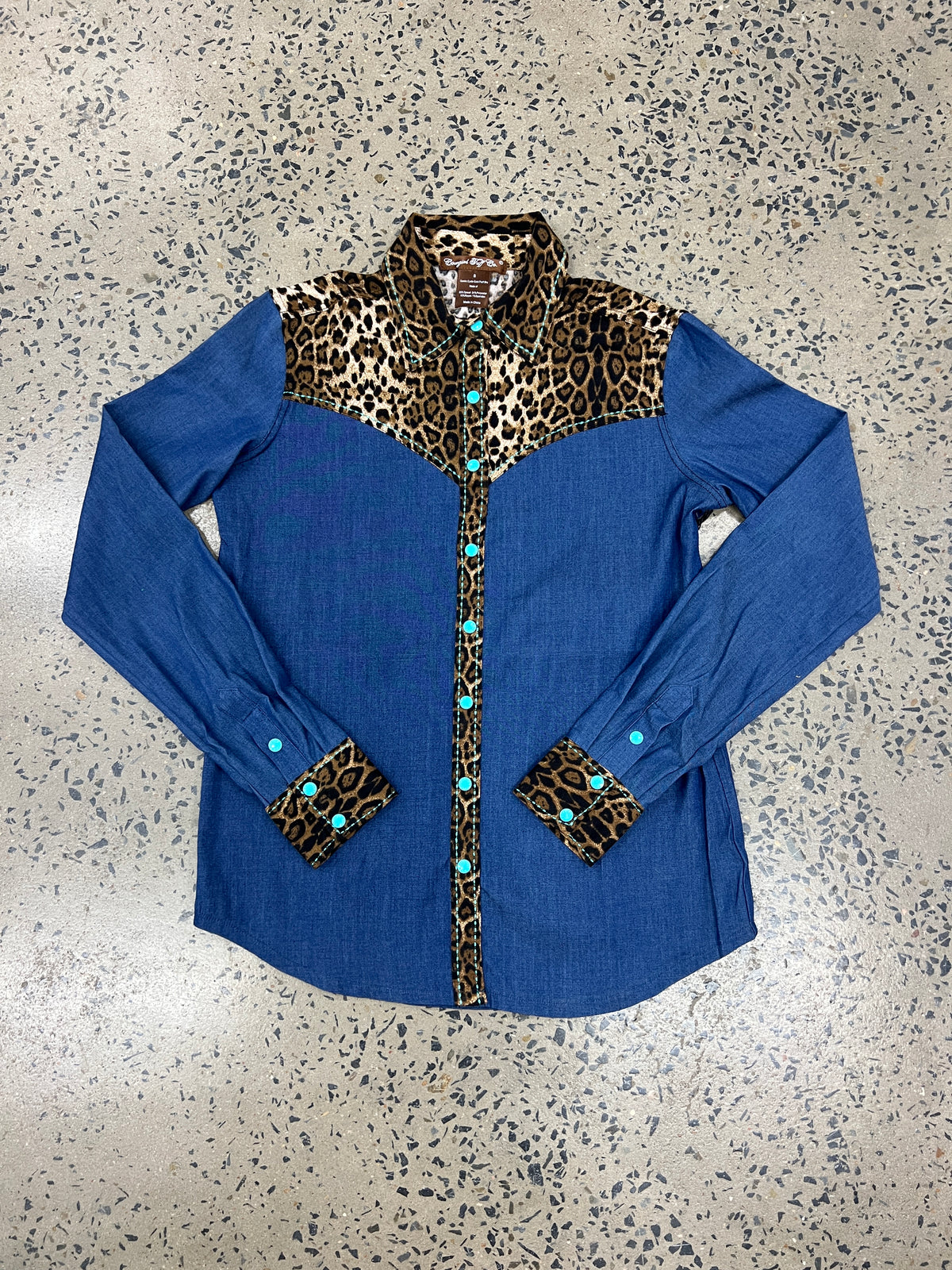 Cowgirl Tuff Pullover Arena Shirt - Denim With Leopard & Turquoise