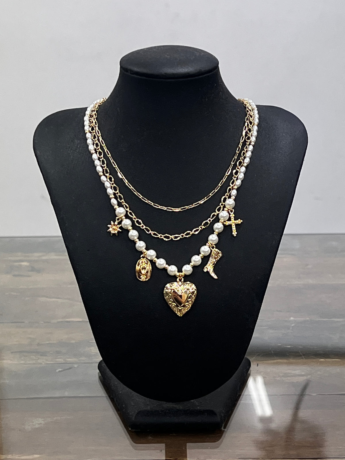 Necklace - Layered Heart Locket Multi Charm Pearl