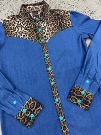 Cowgirl Tuff Pullover Arena Shirt - Denim With Leopard & Turquoise