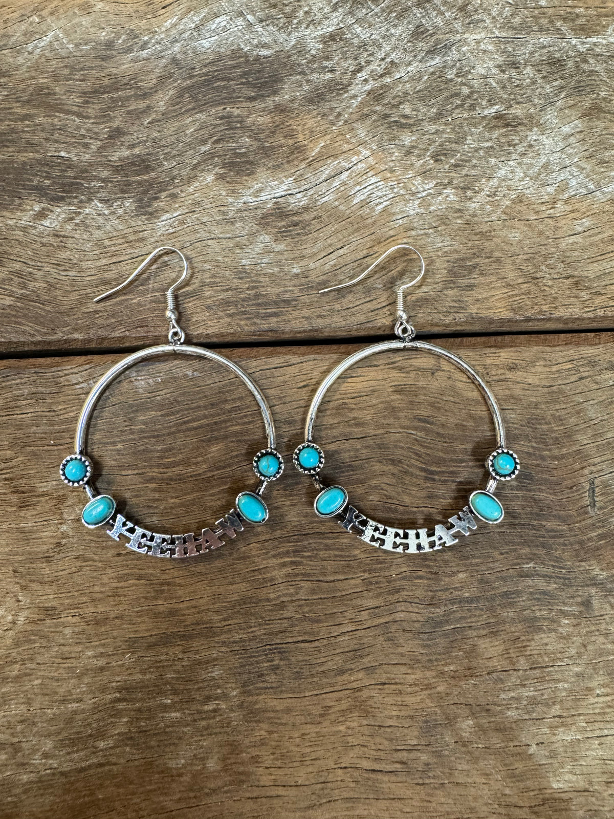 Western Earrings - Silver/Turquoise Yeehaw Hoops
