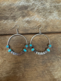 Western Earrings - Silver/Turquoise Yeehaw Hoops