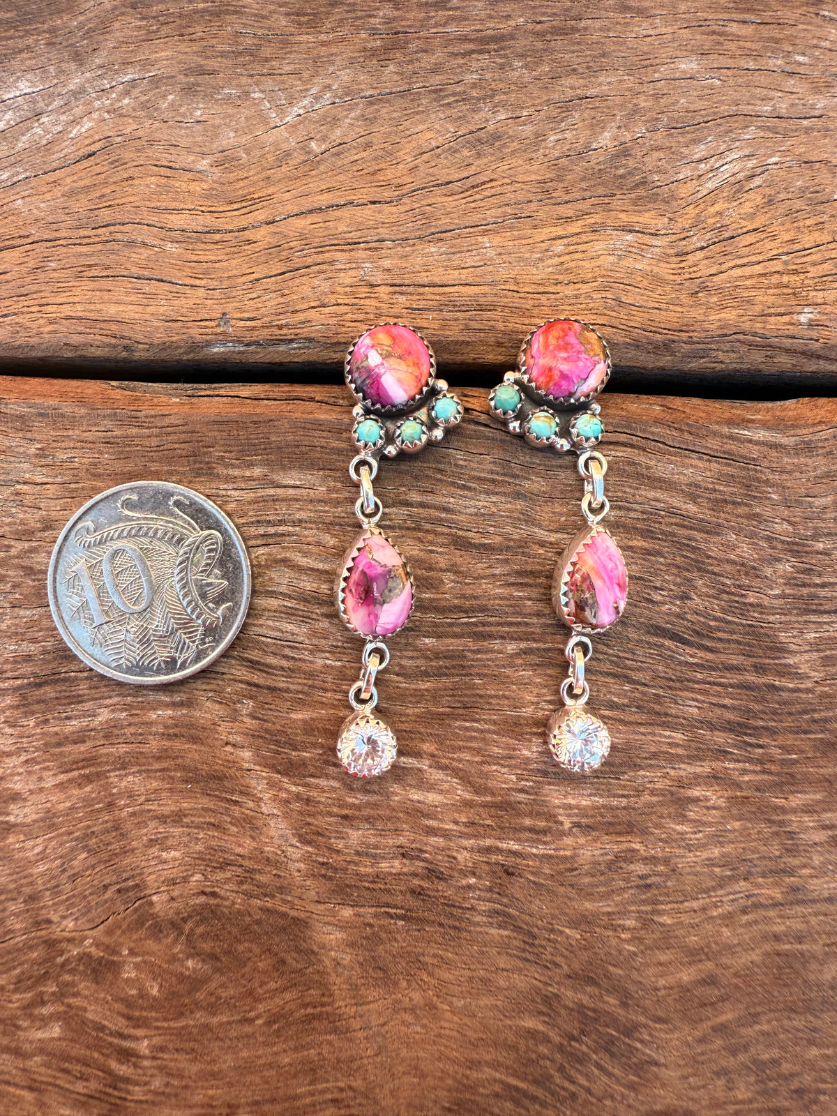 Icon Earrings - Pink Dahlia & Turquoise Stones