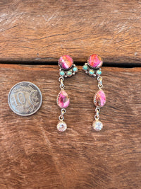 Icon Earrings - Pink Dahlia & Turquoise Stones