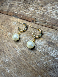 Earrings - Gold Pearl Dangle Hoop