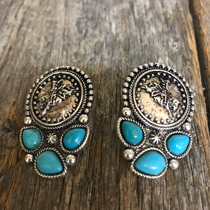 Western Earrings - Bronc Rider Turquoise Stone