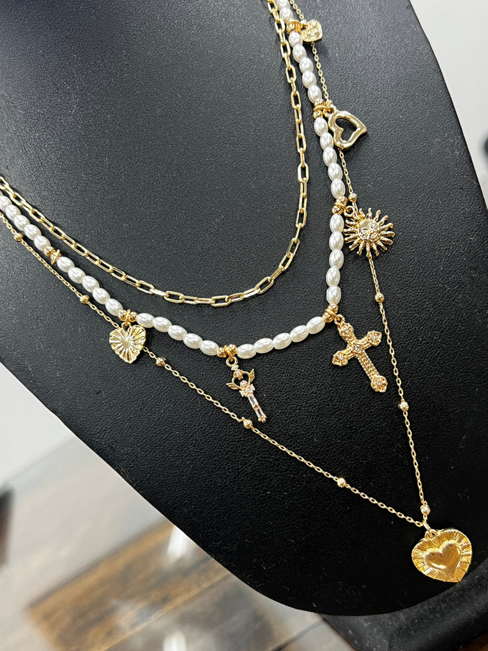 Necklace - Layered Multi Charm Pearl