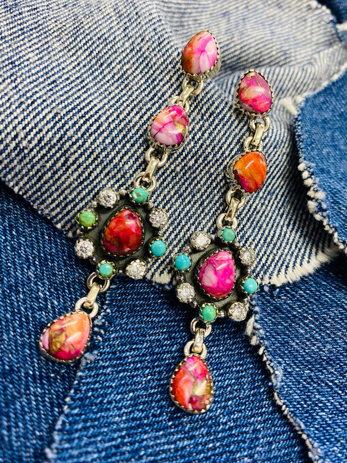 Flower Power Earrings - Pink Dahlia & Turquoise Stones