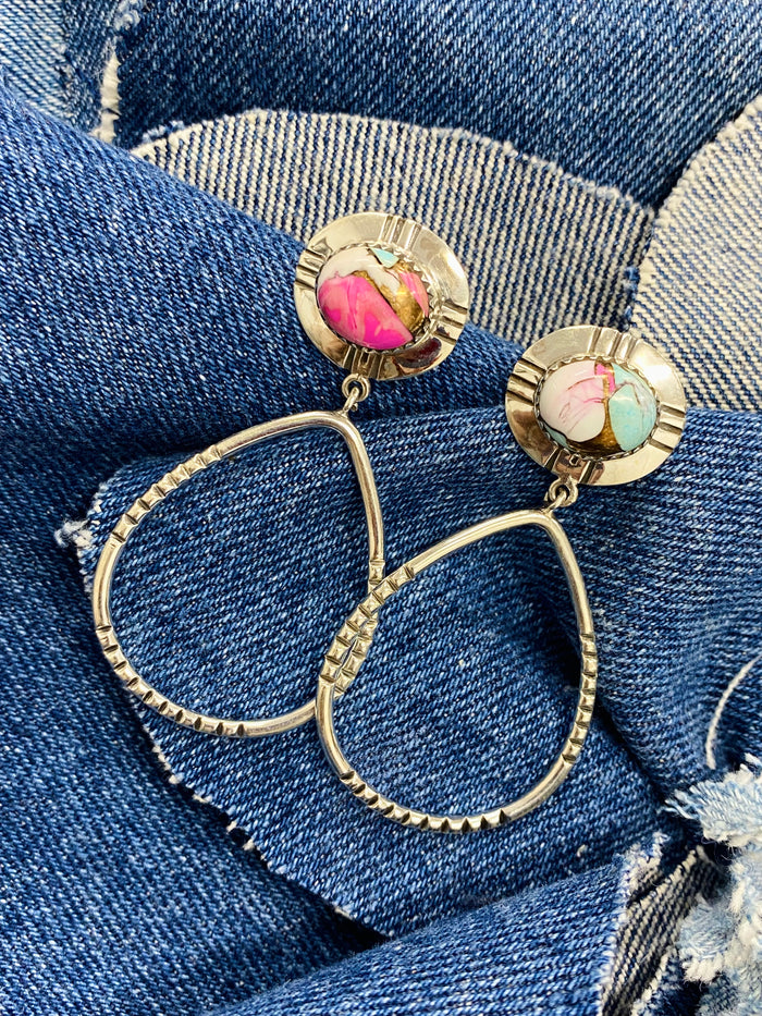 Top Tier Earrings - Pink Dahlia & Turquoise Stones