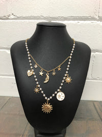 Necklace - Layered Multi Sun & Moon Charm Pearl