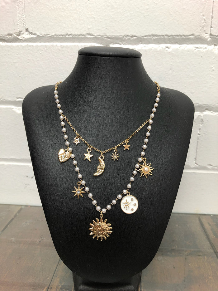Necklace - Layered Multi Sun & Moon Charm Pearl