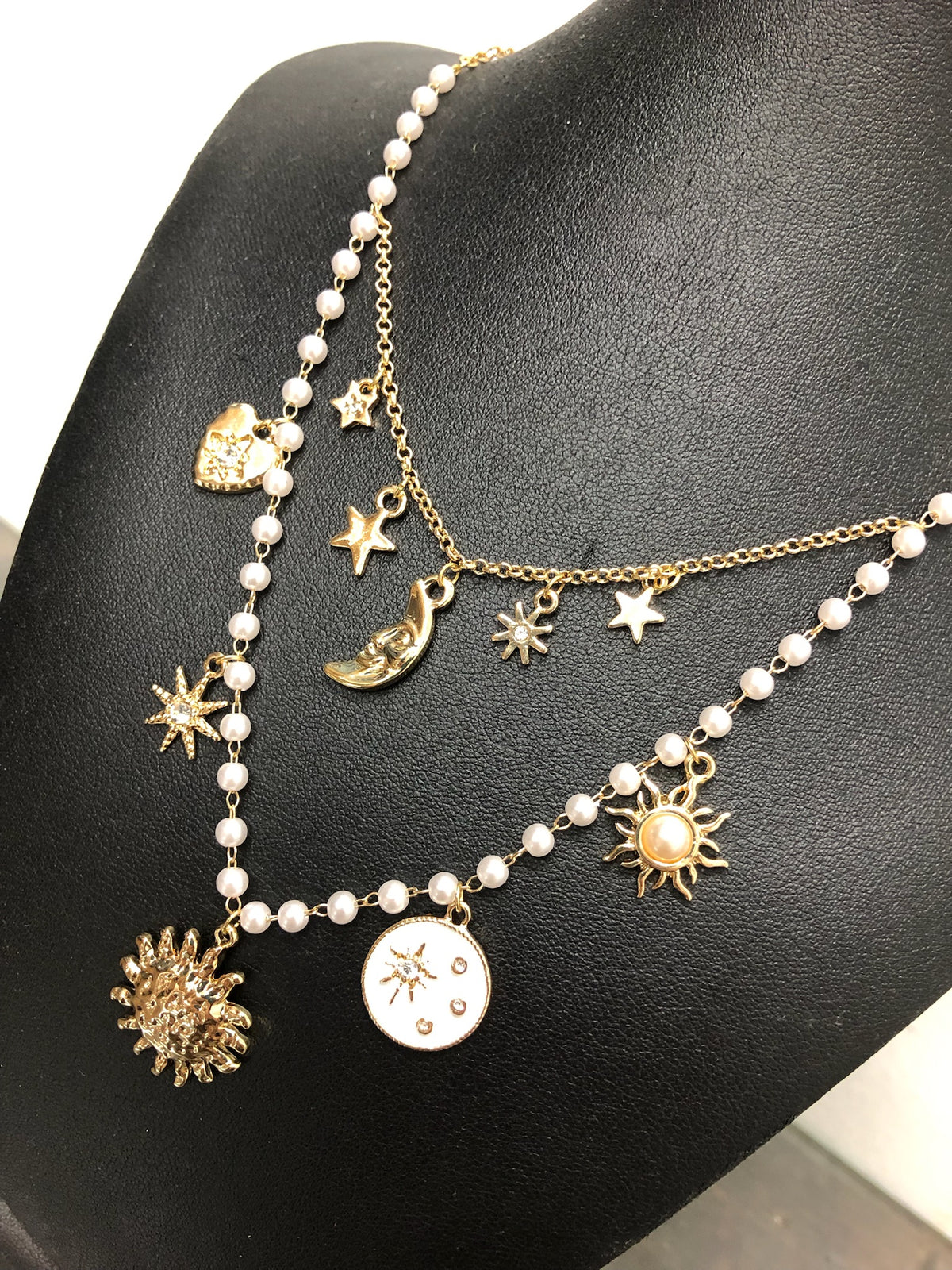 Necklace - Layered Multi Sun & Moon Charm Pearl