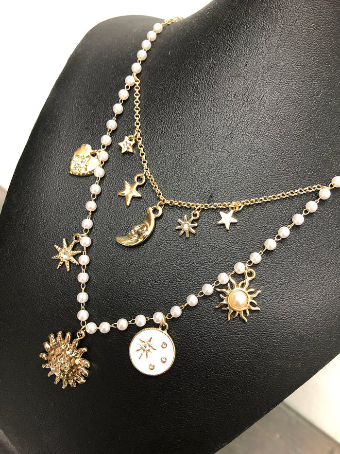 Necklace - Layered Multi Sun & Moon Charm Pearl