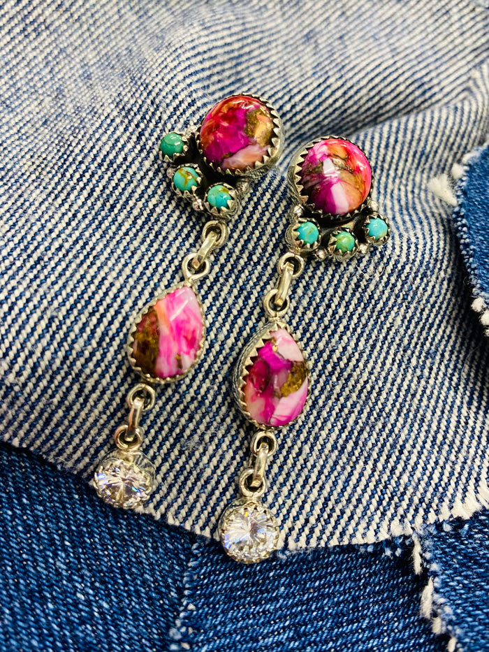 Icon Earrings - Pink Dahlia & Turquoise Stones