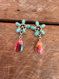 Pattern Earrings - Pink Dahlia & Turquoise Stones