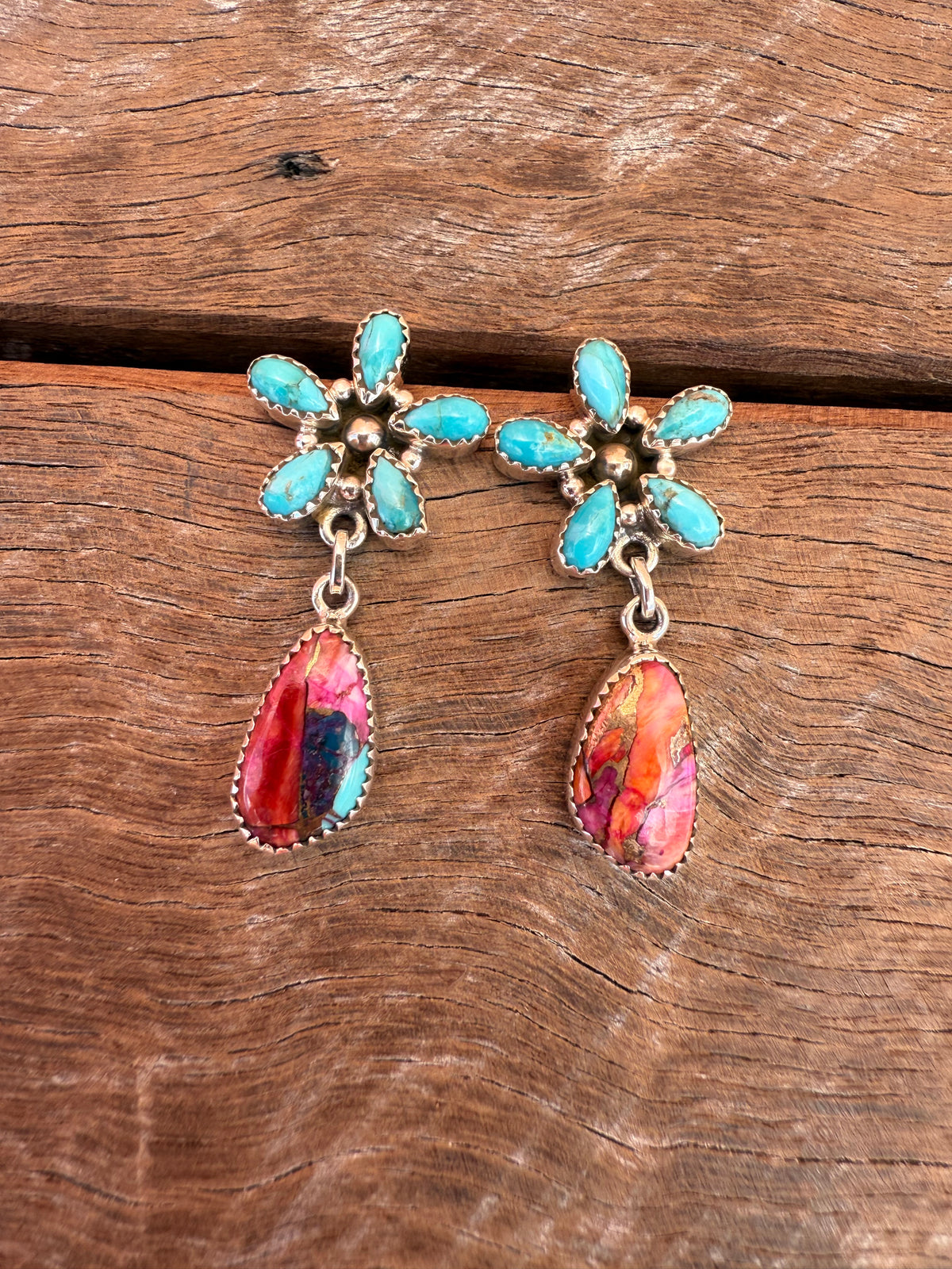 Pattern Earrings - Pink Dahlia & Turquoise Stones