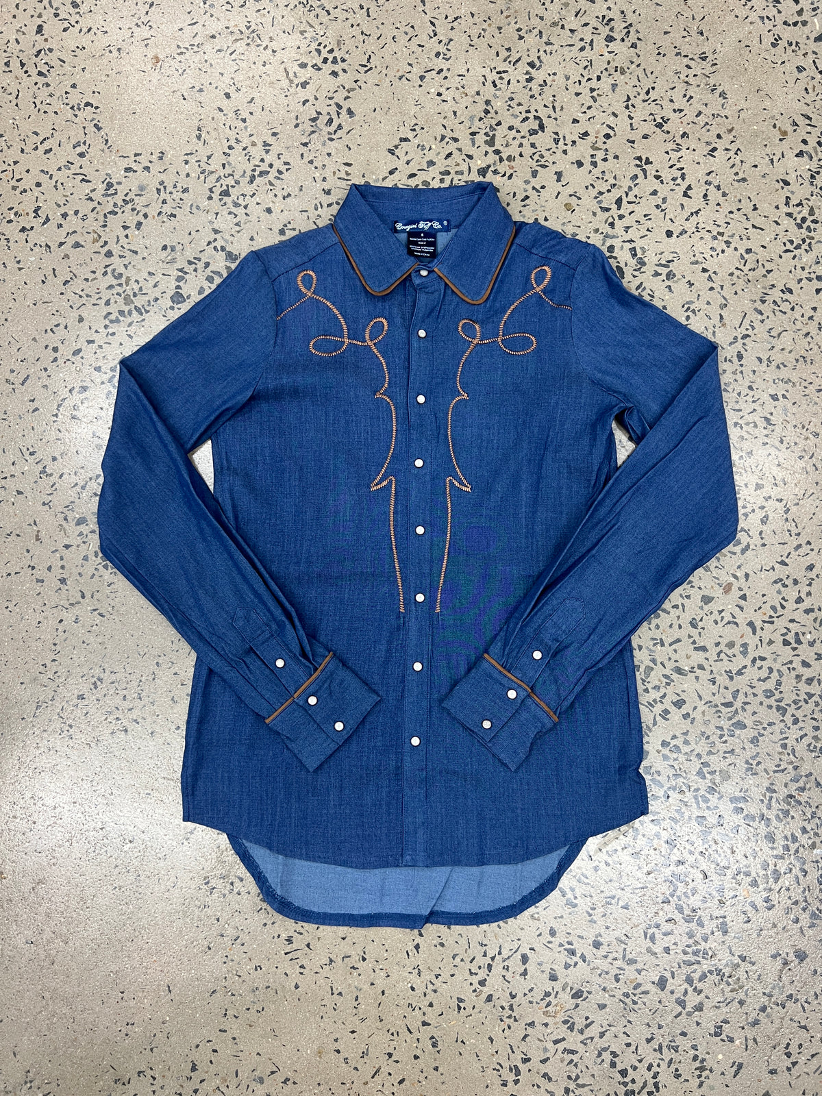Cowgirl Tuff Pullover Arena Shirt - Denim With Brown Suede